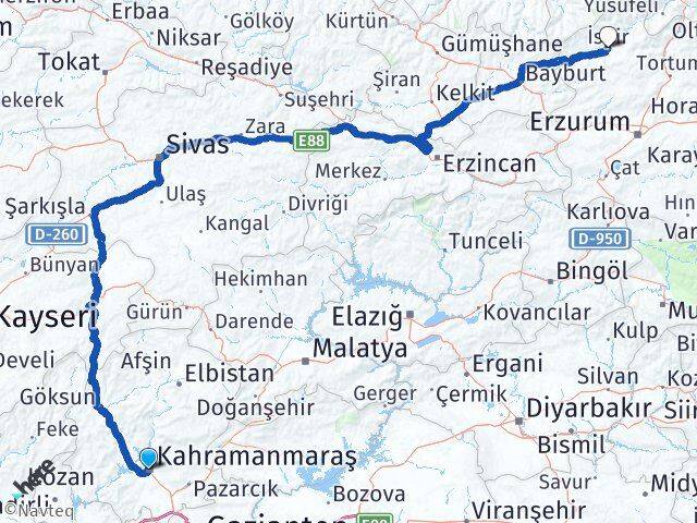 Kahramanmaraş İspir Erzurum Arası Kaç Km - Yol Haritası
