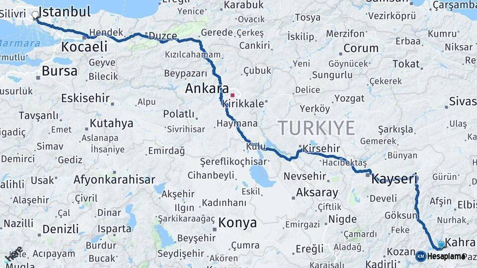 Kahramanmaraş İstanbul Arası Kaç Km - Yol Haritası