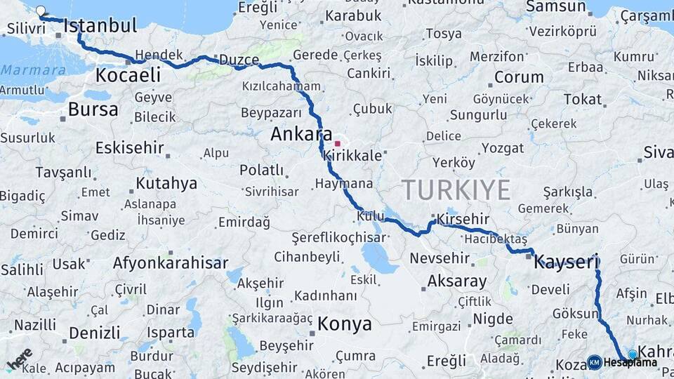 Kahramanmaraş İstanbul Havalimanı Arası Kaç Km - Yol Haritası