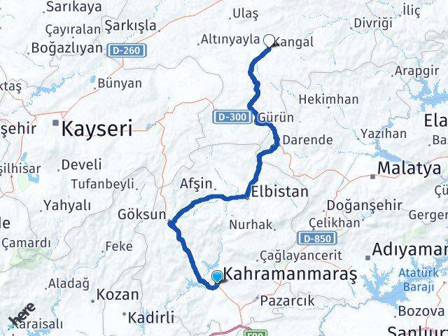 Kahramanmaraş Kangal Sivas Arası Kaç Km - Yol Haritası