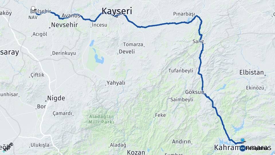 Kahramanmaraş Kapadokya Havalimanı Arası Kaç Km - Yol Haritası
