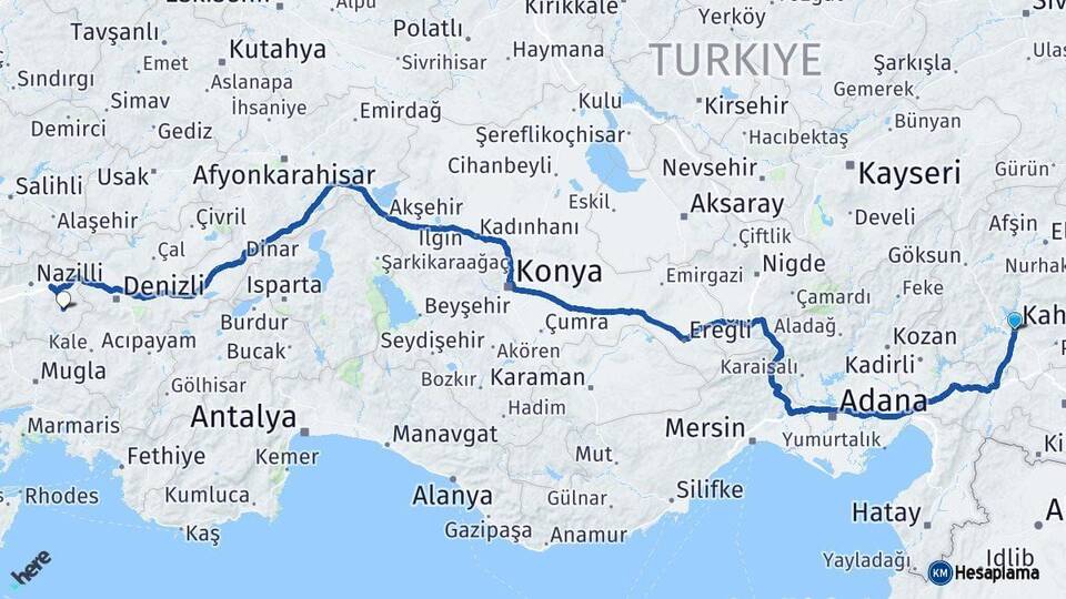 Kahramanmaraş Karacasu Aydın Arası Kaç Km - Yol Haritası