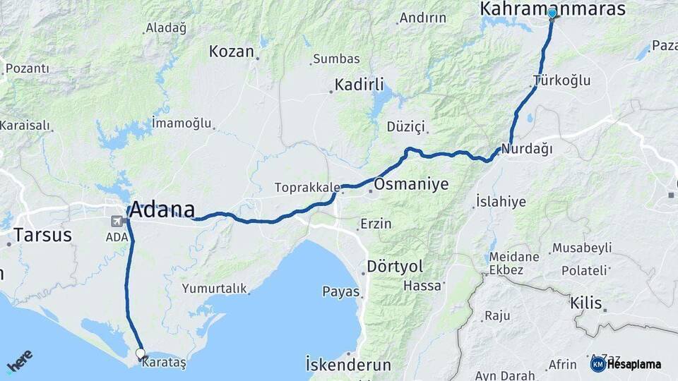 Kahramanmaraş Karataş Adana Arası Kaç Km - Yol Haritası