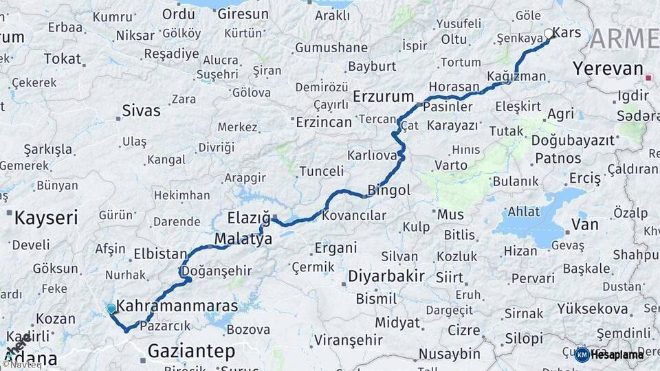 Kahramanmaraş Kars Arası Kaç Km - Yol Haritası