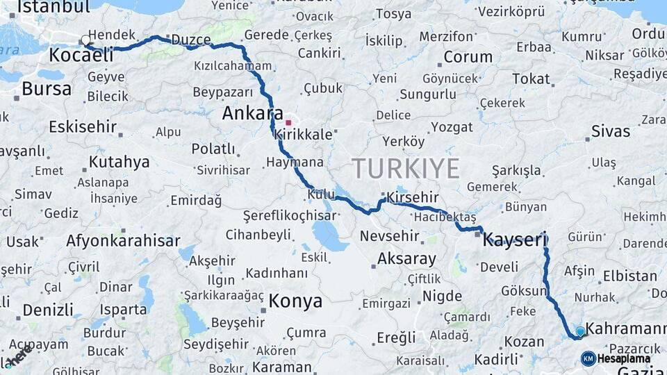 Kahramanmaraş Kartepe Kocaeli Arası Kaç Km - Yol Haritası