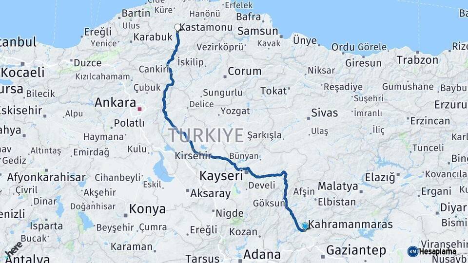Kahramanmaraş Kastamonu Arası Kaç Km - Yol Haritası