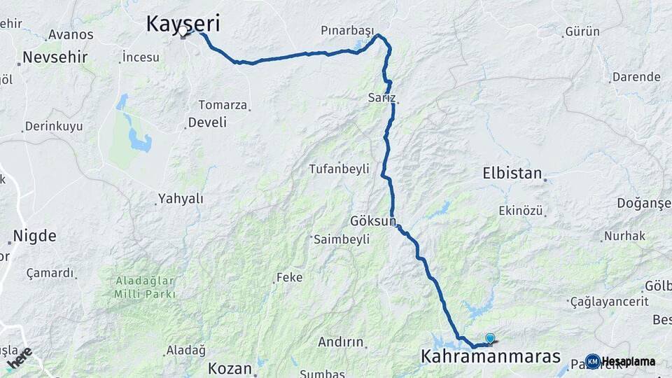 Kahramanmaraş Kayseri Arası Kaç Km - Yol Haritası