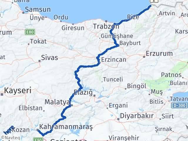 Kahramanmaraş Kemalpaşa Artvin Arası Kaç Km - Yol Haritası