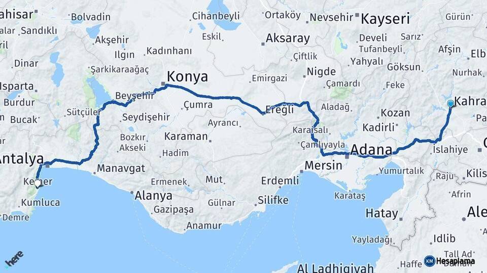 Kahramanmaraş Kemer Antalya Arası Kaç Km - Yol Haritası