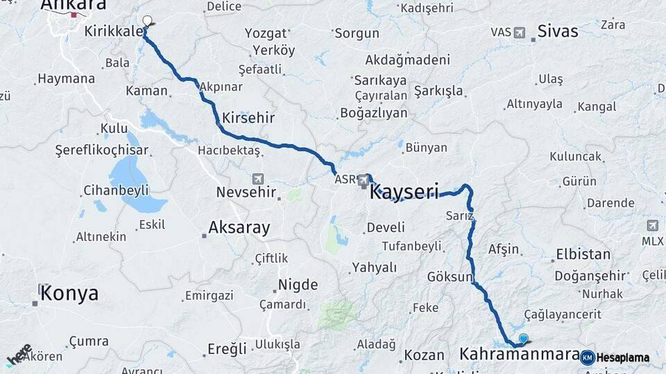 Kahramanmaraş Kırıkkale Arası Kaç Km - Yol Haritası