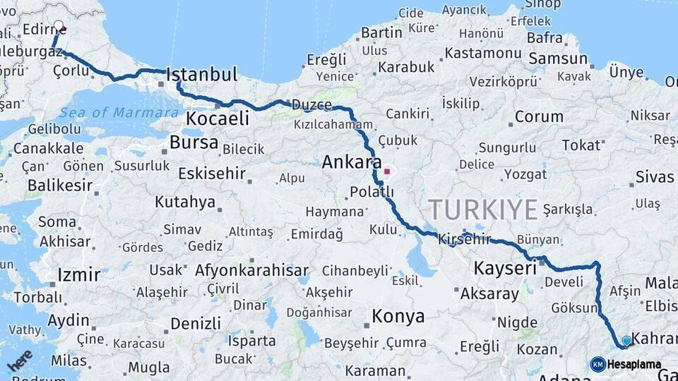 Kahramanmaraş Kırklareli Arası Kaç Km - Yol Haritası