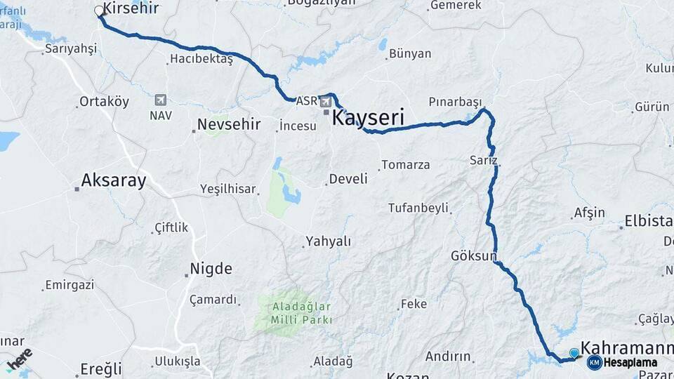 Kahramanmaraş Kırşehir Arası Kaç Km - Yol Haritası