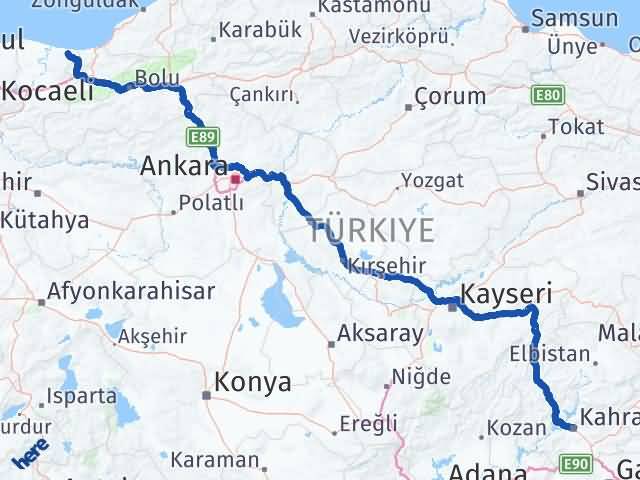 Kahramanmaraş Kocaali Sakarya Arası Kaç Km - Yol Haritası