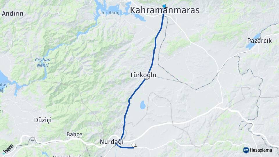 Kahramanmaraş Kömürler Nurdağı Gaziantep Arası Kaç Km - Yol Haritası