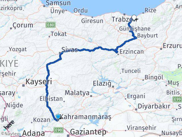 Kahramanmaraş Köprübaşı Trabzon Arası Kaç Km - Yol Haritası