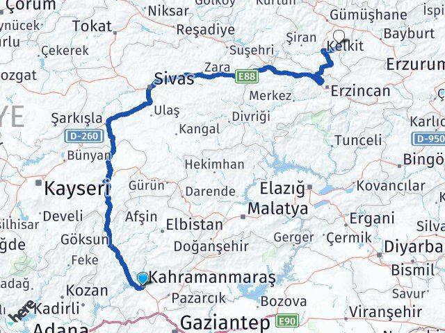 Kahramanmaraş Köse Gümüşhane Arası Kaç Km - Yol Haritası