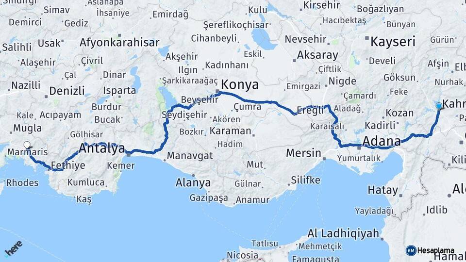 Kahramanmaraş Köyceğiz Muğla Arası Kaç Km - Yol Haritası