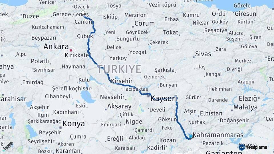 Kahramanmaraş Kurşunlu Çankırı Arası Kaç Km - Yol Haritası