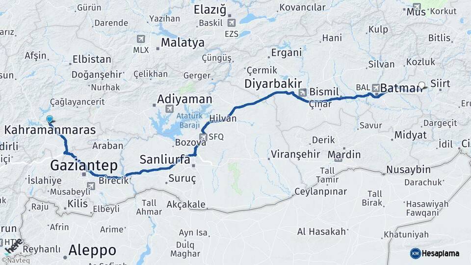 Kahramanmaraş Kurtalan Siirt Arası Kaç Km - Yol Haritası