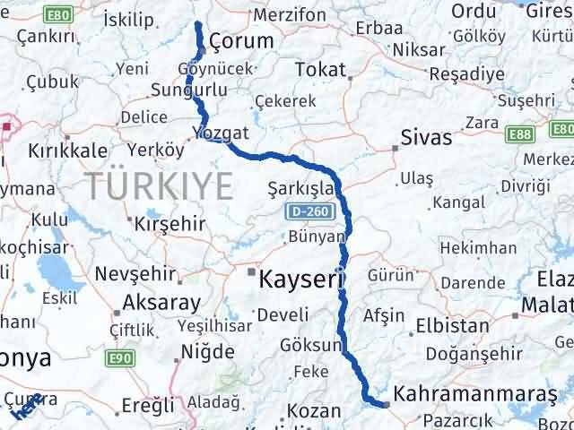 Kahramanmaraş Laçin Çorum Arası Kaç Km - Yol Haritası
