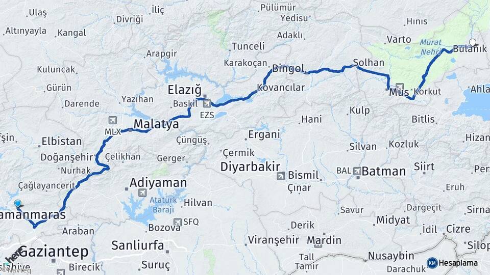 Kahramanmaraş Malazgirt Muş Arası Kaç Km - Yol Haritası