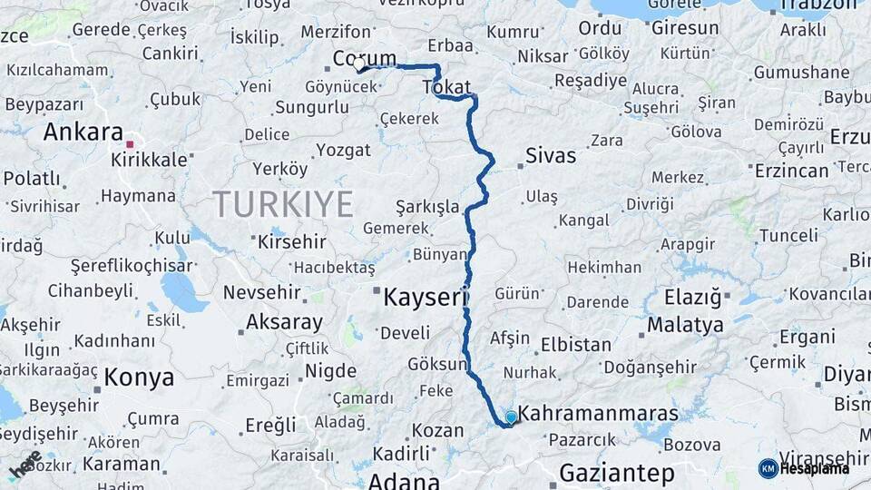 Kahramanmaraş Mecitözü Çorum Arası Kaç Km - Yol Haritası