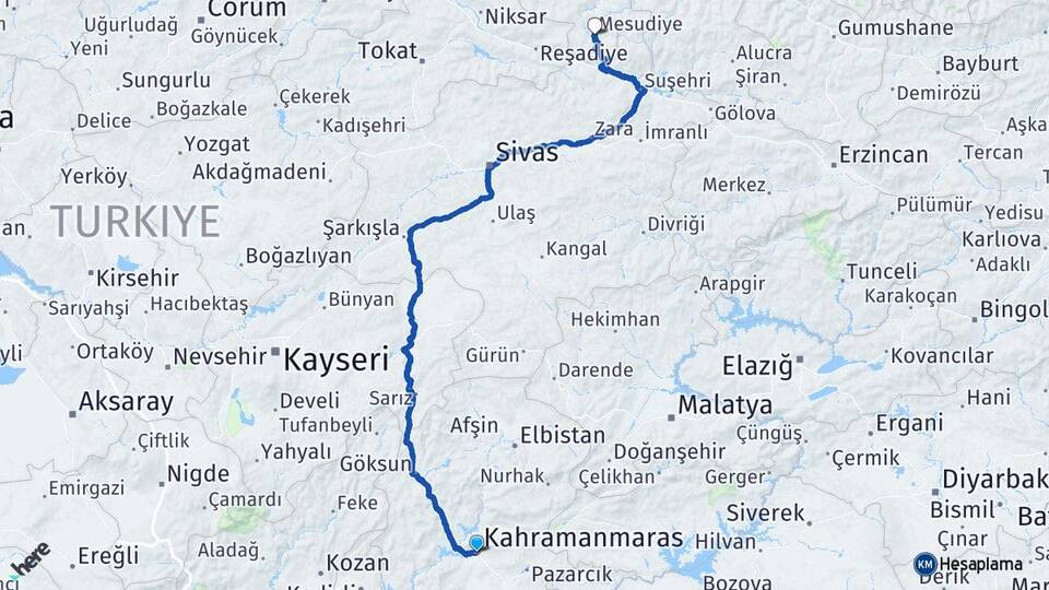 Kahramanmaraş Mesudiye Ordu Arası Kaç Km - Yol Haritası