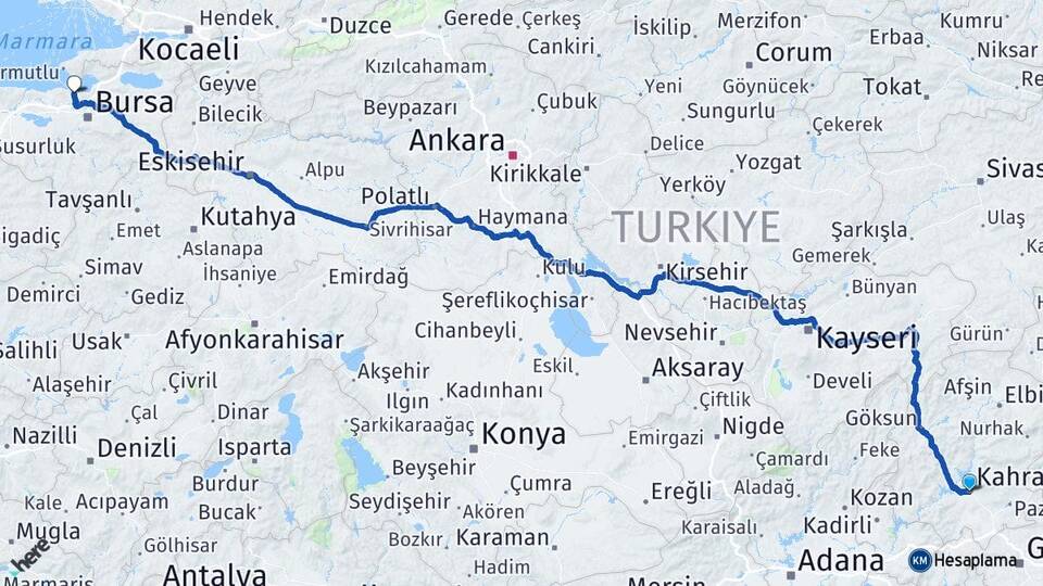 Kahramanmaraş Mudanya Bursa Arası Kaç Km - Yol Haritası