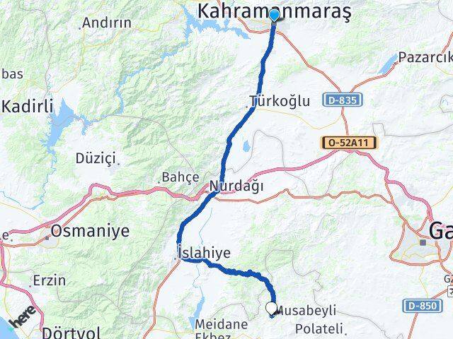 Kahramanmaraş Musabeyli Kilis Arası Kaç Km - Yol Haritası