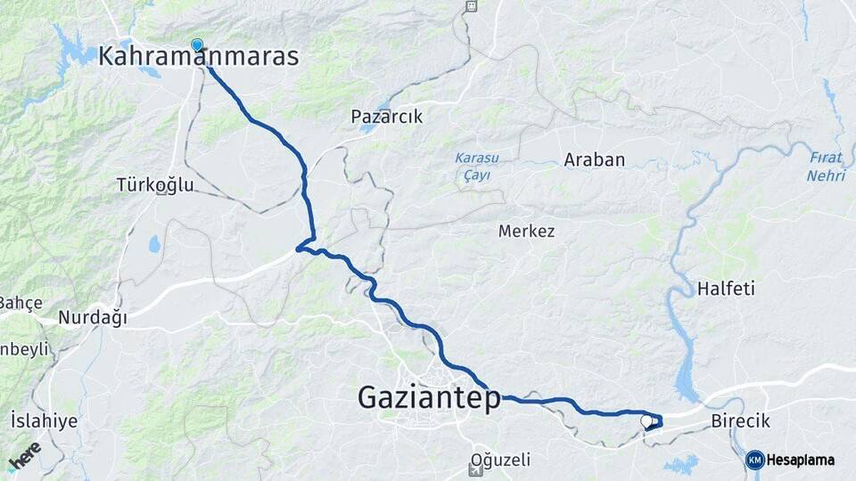 Kahramanmaraş Nizip Gaziantep Arası Kaç Km - Yol Haritası