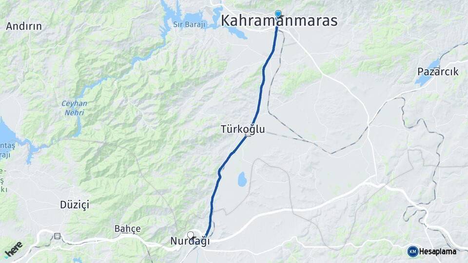 Kahramanmaraş Nurdağı Gaziantep Arası Kaç Km - Yol Haritası