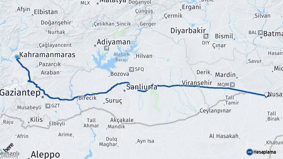 Kahramanmaraş Nusaybin Mardin Arası Kaç Km - Yol Haritası