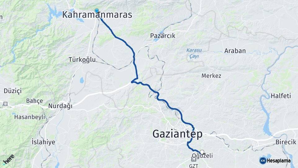 Kahramanmaraş Oğuzeli Gaziantep Arası Kaç Km - Yol Haritası