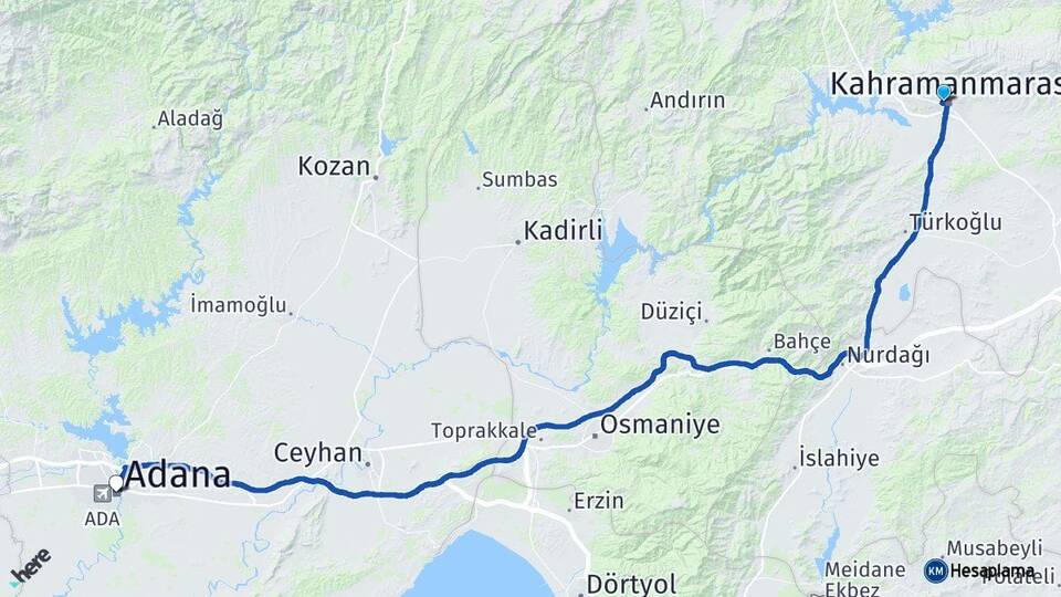 Kahramanmaraş Onikişubat Adana Arası Kaç Km - Yol Haritası
