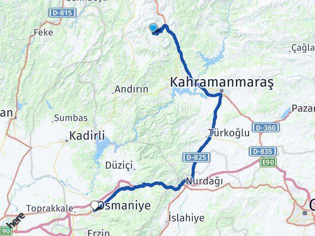 Kahramanmaraş Onikişubat Çukurhisar Osmaniye Arası Kaç Km - Yol Haritası