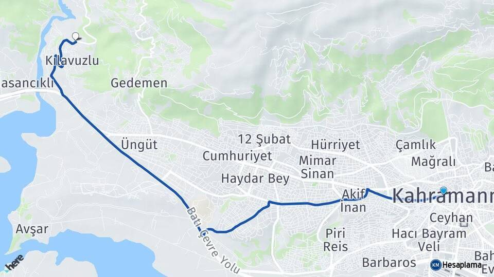 Kahramanmaraş Onikişubat Dulkadiroğlu Arası Kaç Km - Yol Haritası