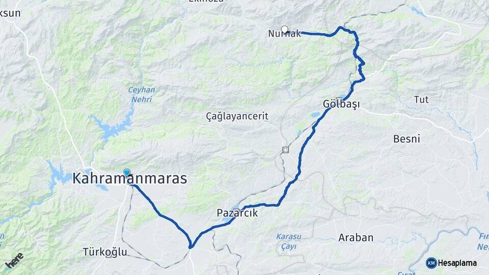 Kahramanmaraş Onikişubat Nurhak Arası Kaç Km - Yol Haritası