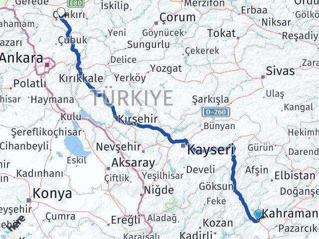 Kahramanmaraş Orta Çankırı Arası Kaç Km - Yol Haritası
