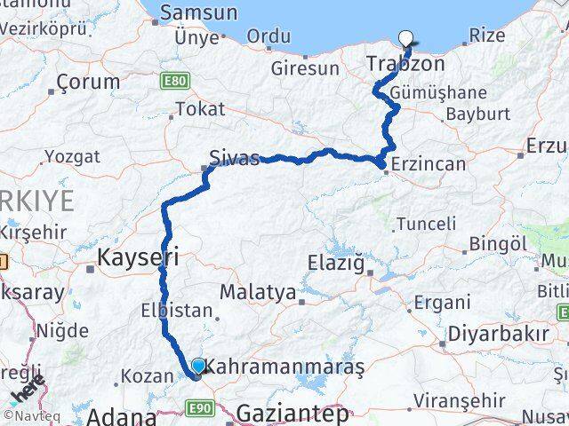 Kahramanmaraş Ortahisar Trabzon Arası Kaç Km - Yol Haritası