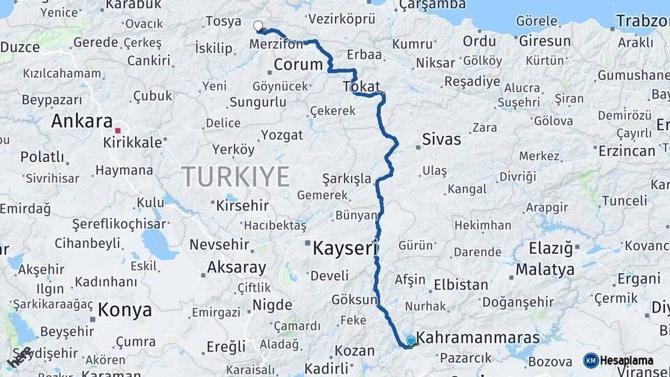Kahramanmaraş Osmancık Çorum Arası Kaç Km - Yol Haritası