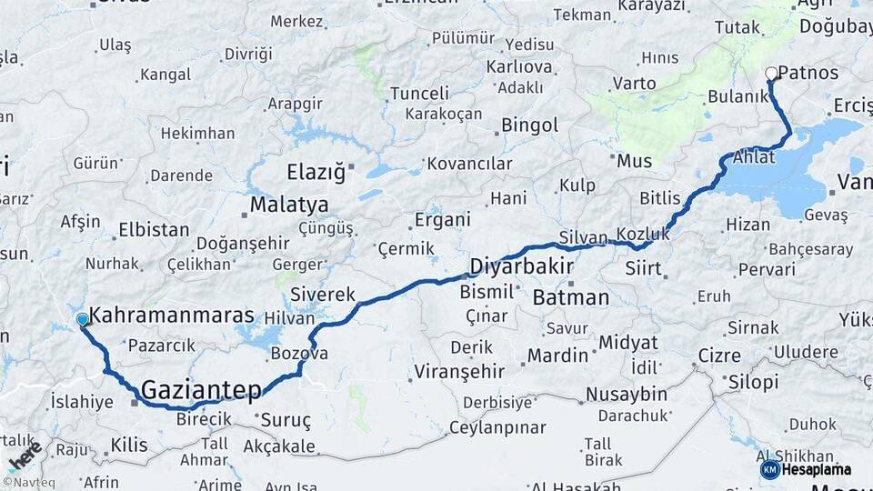 Kahramanmaraş Patnos Ağrı Arası Kaç Km - Yol Haritası