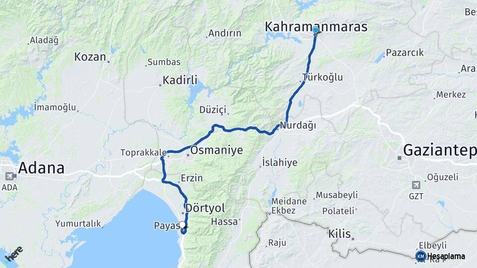 Kahramanmaraş Payas Hatay Arası Kaç Km - Yol Haritası