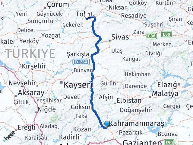 Kahramanmaraş Pazar Tokat Arası Kaç Km - Yol Haritası