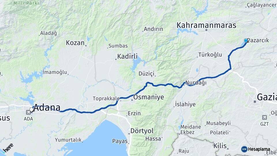 Kahramanmaraş Pazarcık Adana Arası Kaç Km - Yol Haritası