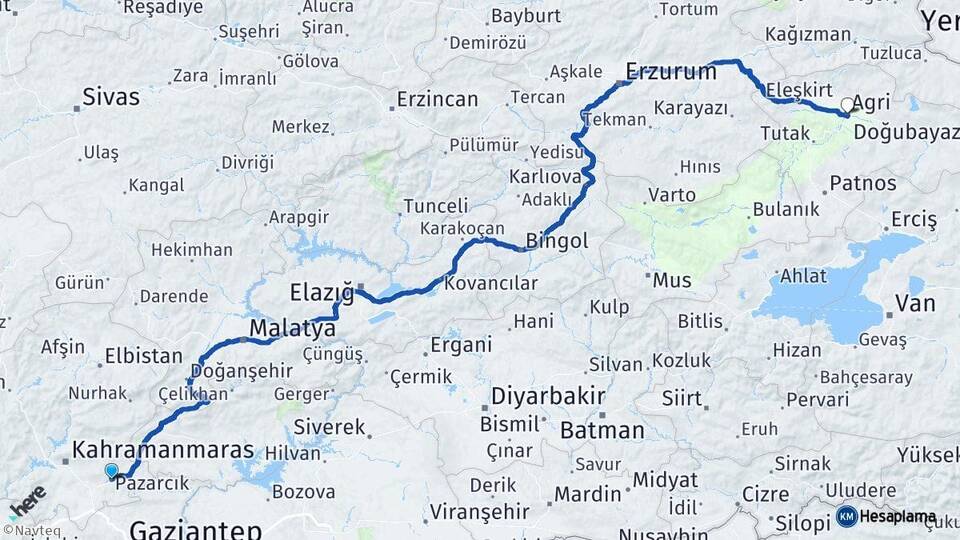 Kahramanmaraş Pazarcık Ağrı Arası Kaç Km - Yol Haritası
