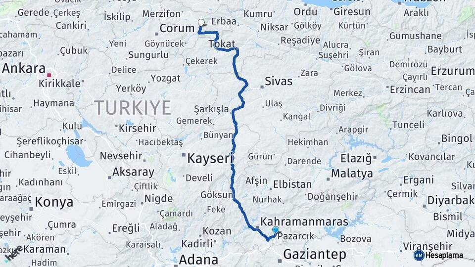 Kahramanmaraş Pazarcık Amasya Arası Kaç Km - Yol Haritası