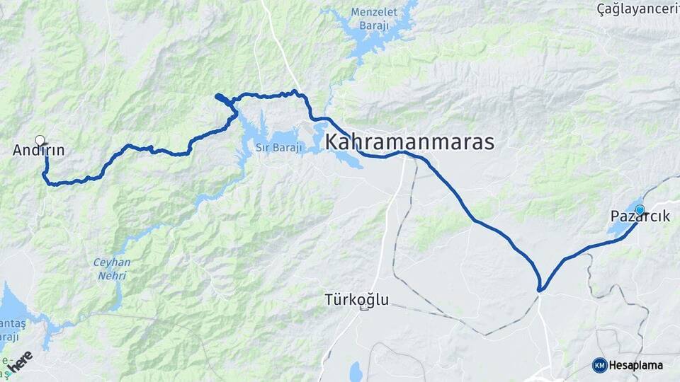Kahramanmaraş Pazarcık Andırın Arası Kaç Km - Yol Haritası
