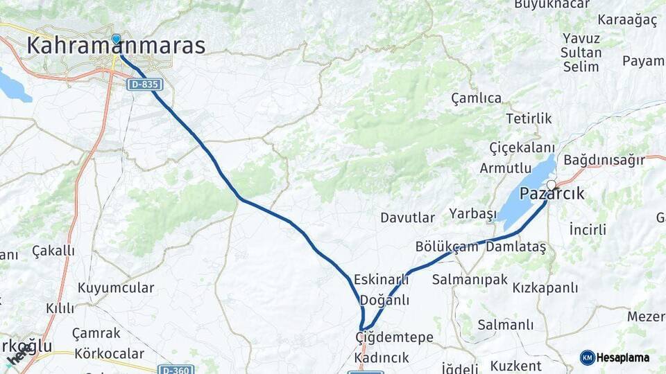 Kahramanmaraş Pazarcık Arası Kaç Km - Yol Haritası