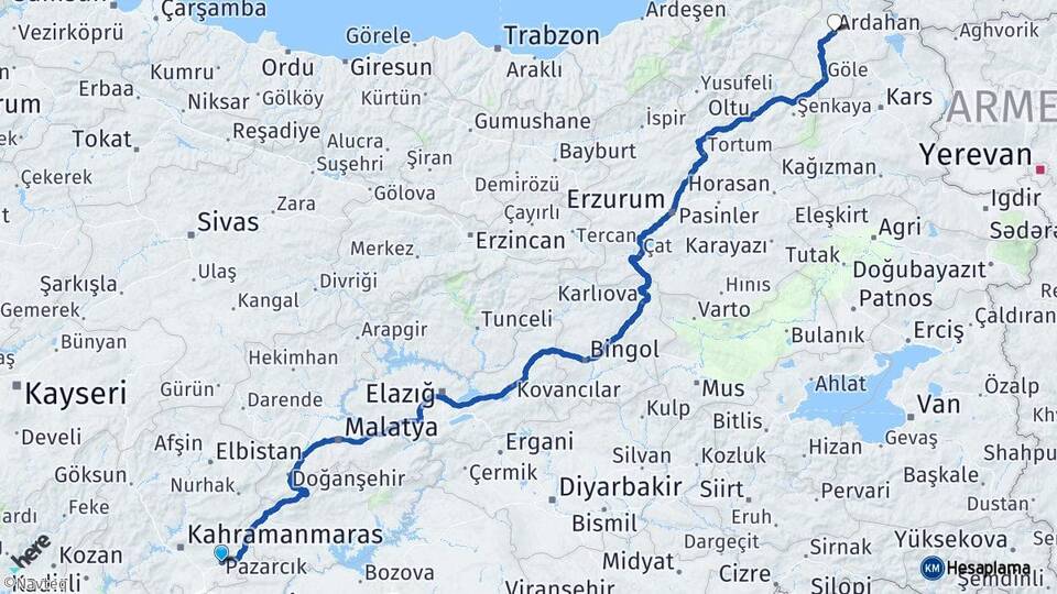 Kahramanmaraş Pazarcık Ardahan Arası Kaç Km - Yol Haritası
