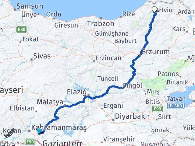 Kahramanmaraş Pazarcık Artvin Arası Kaç Km - Yol Haritası